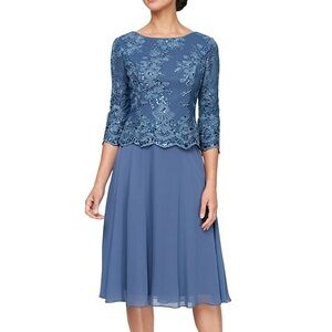 Alex Evenings 81171579 Mother of the Bride Tea Length Dress Vintage Blue